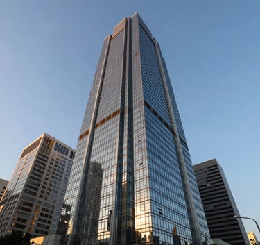 A wide-angle professional photograph of a modern glass skyscraper in a South American financial center. Clear blue sky, golden hour sunlight reflecting off the facade, symbolizing corporate authority and solid growth.