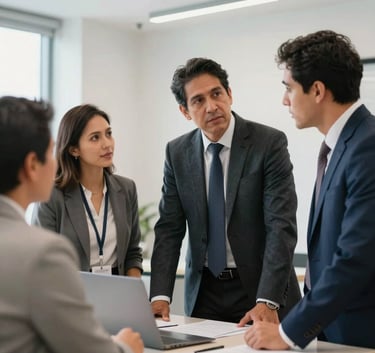 A group of professional South American consultants in formal attire collaborating in a clean, modern workspace. The lighting is bright and natural, conveying a mood of competence and serious professional engagement.