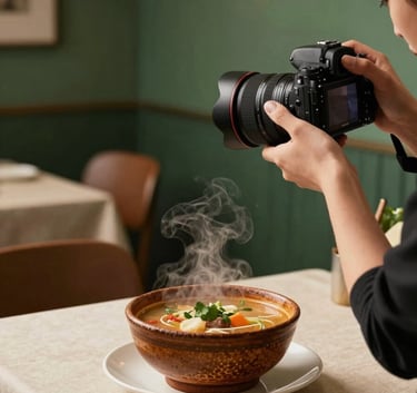 A behind-the-scenes shot of a food photographer using a high-end camera to capture a close-up of a rustic, steaming bowl of soup in a cozy, modern restaurant. The lighting is soft and moody, with Matte Forest Green wall accents and a Crisp Parchment tablecloth.