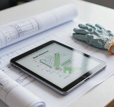 Professional engineering blueprints and a digital tablet on a clean desk, with a pair of protective gloves nearby, soft natural light, South American / Brazilian office setting, technical efficiency.