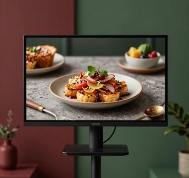 A professional in a modern North American / Western studio setting reviewing food photography on a large monitor, surrounded by sophisticated decor in deep ripe crimson and matte forest green accents.