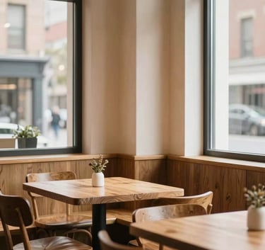 Cozy Scandinavian-style restaurant interior in a North American / Western city, featuring warm wood textures, parchment-colored walls, and large windows letting in soft, natural light.