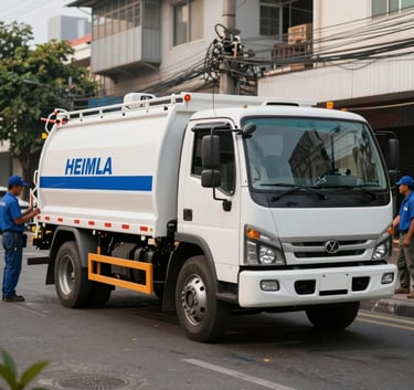 A clean white septic service truck with blue branding parked on a paved street in a Southeast Asian / Filipino urban area, professional technicians in uniforms nearby, sharp focus, morning lighting.