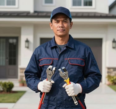 A professional Southeast Asian / Filipino plumber in a clean navy blue uniform holding professional tools, standing confidently in front of a modern residential house, bright daylight, high-quality photography.