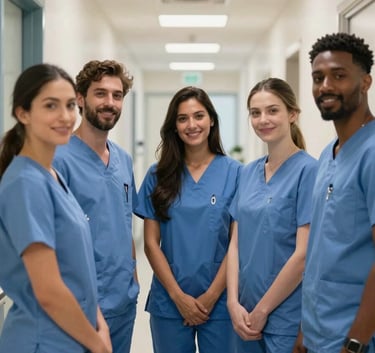 A professional and friendly medical team in a North American / US clinic hallway. They are wearing steel blue scrubs and standing in a clean, brightly lit modern medical facility with soft off-white walls.