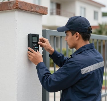 A professional technician in a navy blue uniform installing a digital intercom system at the gate of a residential building in Ecuador, clear daylight photography.