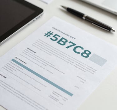 A top-down view of organized financial documents, a professional tablet, and a pen on a clean desk, representing transparency. Soft teal and grey tones like #5B7C85 and #AABCBF.