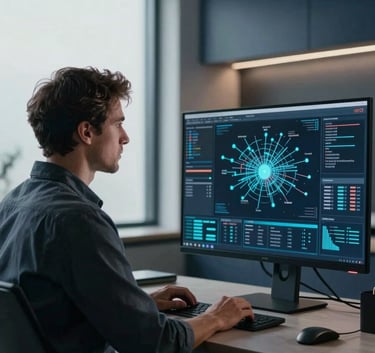A professional man in a clean, modern workspace, seen from a side profile, focusing on a large computer monitor displaying complex digital networks. The room is minimalist with dark steel blue accents and soft natural light from a window.