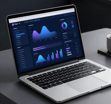 A cinematic close-up of a premium silver laptop on a minimalist desk. The screen displays a clean, professional marketing dashboard with dark steel blue and soft lavender blue data visualizations. The environment is a modern, dimly lit office with deep midnight navy shadows.