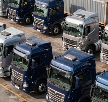A high-angle, professional photograph of a modern fleet of heavy-duty trucks parked in a clean logistics yard in Brazil. The lighting is bright morning sun, emphasizing the authority and scale of the transport business. The color palette features deep navy blue and metallic silver tones.