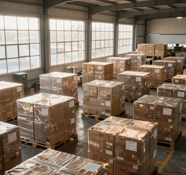 A wide-angle professional shot of a modern South American distribution center interior. Soft sunlight filters through high windows onto organized cargo bays. The atmosphere is professional, orderly, and focused on logistics excellence.