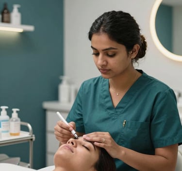 A medium shot of a professional aesthetician in a modern clinic applying a facial treatment to a client in a South Asian / Indian setting. The clinic features dark teal accents and a clean, sophisticated medical aesthetic with soft, flattering lighting.