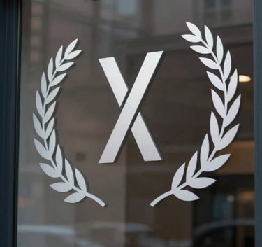 A close-up of a high-quality storefront window featuring minimalist vinyl branding (vitrofanie) in deep charcoal and muted silver tones.