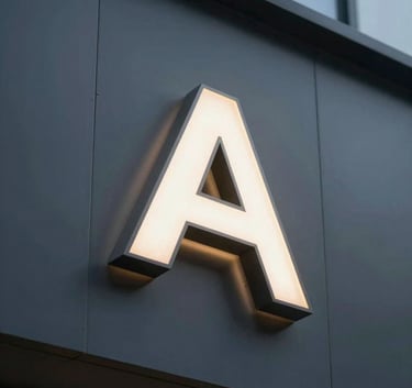 A sharp, professional photograph of a modern building facade featuring a high-end back-lit commercial sign in deep charcoal and soft off-white light.