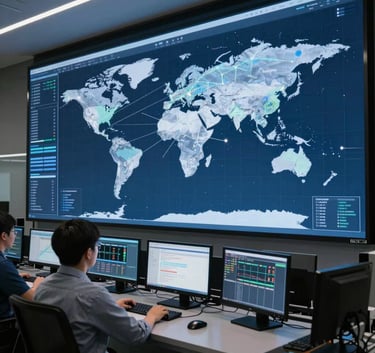 A professional Global IT operations command center with large digital screens displaying global connectivity maps, cinematic lighting with dark blue and light blue hues.