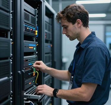 A professional IT engineer working in a high-tech data center environment, medium shot, focusing on precision and reliability, with dark blue and medium blue lighting.