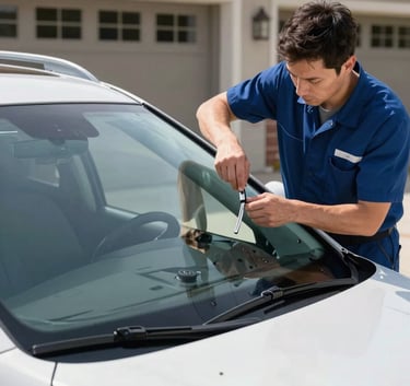 A professional technician in a clean uniform installing a new windshield on a modern SUV in a bright North American driveway. Sharp focus on the precision of the fit, using Soft White and Steel Blue tones.
