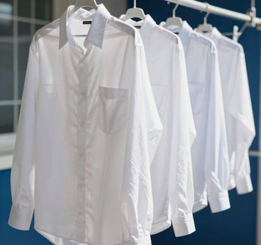 Clean, crisp white linens and shirts hanging in a sun-drenched Brazilian laundry service area, conveying freshness and professional efficiency, Navy Blue accents in the background.