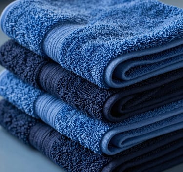 A close-up of perfectly folded cotton towels in various shades of Alice Blue and Navy Blue, stacked neatly on a clean Slate Blue surface in a professional setting.