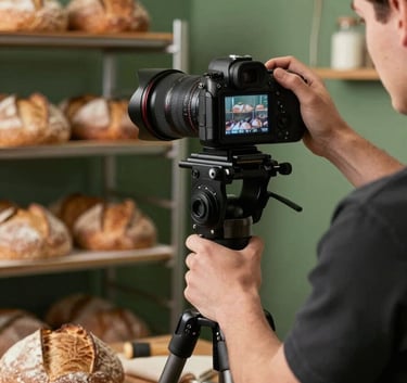 Behind the scenes professional photography of a content creator using a high-end camera on a tripod to photograph an artisanal sourdough bread in a rustic North American bakery setting. Matte Forest Green accents in the background.