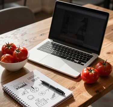 A high-angle professional photograph of a wooden table in a sunlit Scandinavian cafe in Western Europe. A laptop is open next to a fresh bowl of red tomatoes and a notebook with marketing strategy sketches. Warm morning light.