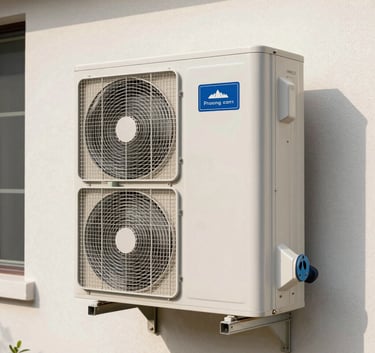 A clean, professional installation of a modern HVAC heat pump system on a residential wall, bright natural light, crisp focus.