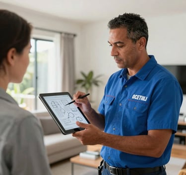 A professional Oceanian electrician using a tablet to explain technical diagrams to a customer inside a bright, modern residential living room in New Zealand.