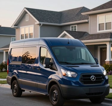 Photography of a modern electrician's service van parked on a suburban street in front of a North American / US house, soft afternoon lighting, featuring dark navy blue and steel blue accents.