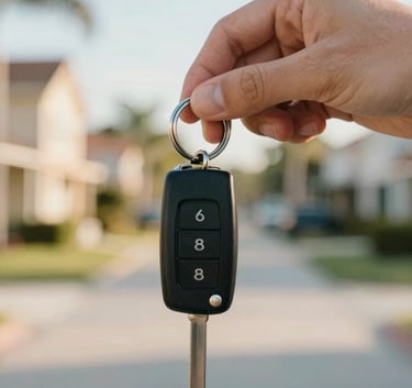 Close-up of a hand holding a set of car keys with a blurred background of a residential Orlando neighborhood. The lighting is warm and the style is modern and clean, using a palette of #F5F8F9 and #8BB0C9.