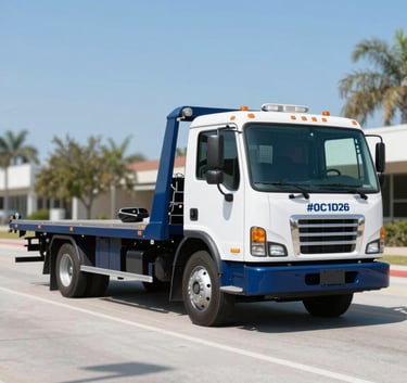 A modern flatbed tow truck parked on a clean street in Orlando with a clear blue sky. The truck is professional and well-maintained, incorporating the brand colors #0C1D2A and #375A77. The shot is bright and airy.