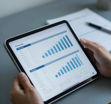 A close-up of a person using a high-end tablet to review financial documents in a minimalist Southeast Asian / Thai workspace, Dark Navy Blue and Soft Sky Blue color accents.