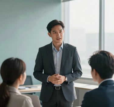 A professional insurance consultant in a modern Southeast Asian / Thai office, speaking with a young couple, soft morning light, White Mist and Muted Teal Blue office decor, sophisticated and clean.