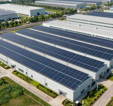 A wide-angle shot of a clean, modern industrial plant with solar panels and green spaces, reflecting high standards and innovation, featuring tones of #3C6B5E.