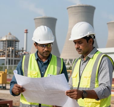A focused shot of two professional engineers in hard hats and safety vests discussing a blueprint at a South Asian / Indian power station site. The lighting is bright and natural, reflecting a mood of professional collaboration and reliability with dusty sea blue accents.