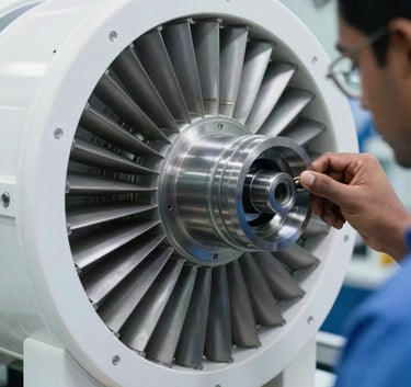 A detailed close-up of a high-tech turbine component being inspected by a technician in a South Asian / Indian manufacturing facility. The composition is clean and modern, emphasizing precision and technical expertise using a cloud white and muted steel blue palette.