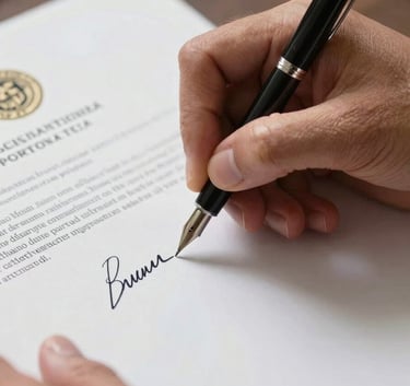 Detailed close-up of a hand in professional Hispanic business attire signing an official government document with a fountain pen, focus on the signature and legal seal.