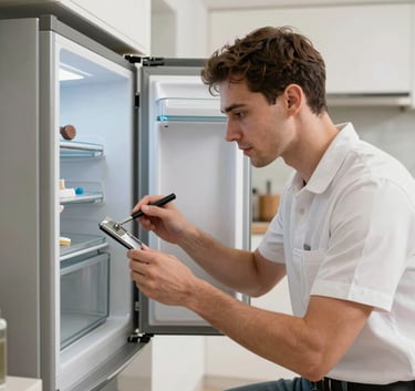 Photography of a professional appliance technician repairing a refrigerator in a high-end Istanbul Anatolian Side kitchen, clean uniform, focused expression, modern bright environment.