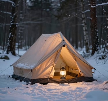 A professional shot of a traditional canvas tent illuminated from within by a warm lantern, pitched in a snowy clearing surrounded by dark forest trees (#2A362B). The lighting is warm and inviting against the cold exterior.