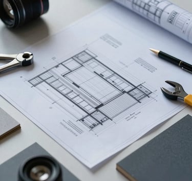 An elegant composition of architectural blueprints and modern building materials on a clean surface, featuring professional tools and a subtle slate blue and charcoal color palette, refined craftsmanship mood, Southern European / Italian office.