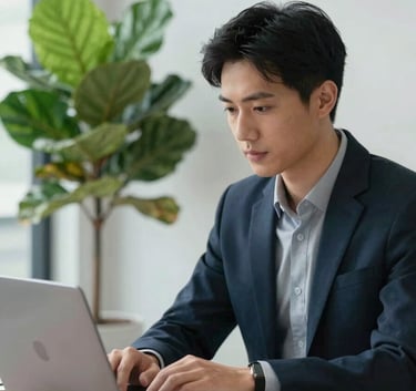 A professional digital marketer working on a sleek laptop in a bright, modern office space. An emerald green plant is visible in the background, symbolizing growth and innovation.