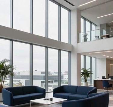 A wide-angle, professional photograph of a modern, high-tech corporate office lobby with floor-to-ceiling windows. The interior features deep navy blue furniture and minimalist crisp white walls.