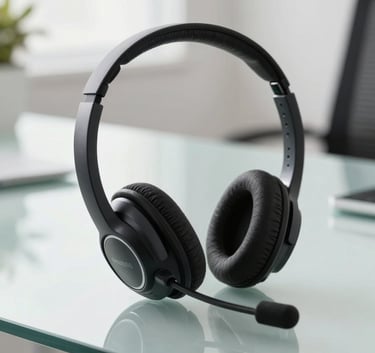 A close-up of a high-quality professional headset resting on a minimalist glass desk in a bright, modern Brazilian office.