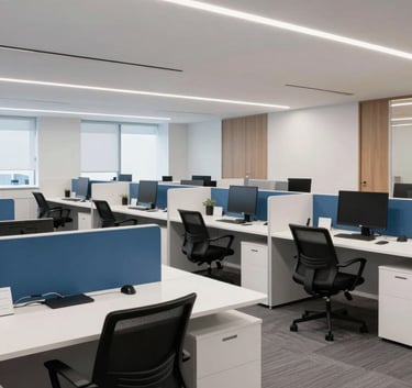 A wide-angle interior shot of a modern, clean South American corporate communication center with sleek white desks and blue accents.