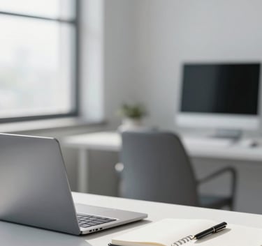 Modern professional office setting, a clean white desk with a laptop and a notebook, soft morning light, minimalist aesthetic with palette colors #A0AEC0 and #1A202C subtly integrated.