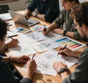 A creative agency team in Lisbon, planning content strategy around a large wooden table with sketches and color palettes, warm sunlight, Portuguese-speaking / European context.