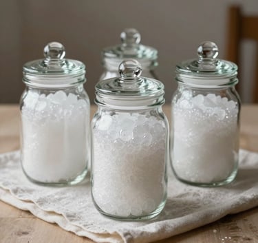 Still-life photography of elegant glass jars filled with white silica gel desiccant, placed on a crisp parchment colored cloth, soft natural light, Portuguese-speaking / European interior.