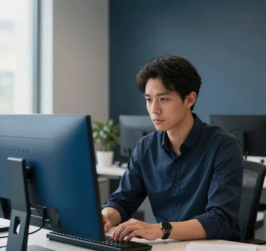 A professional developer in a modern North American / US office, focused on a screen, with accents of sea blue and dark navy in the minimalist decor, bright natural lighting.