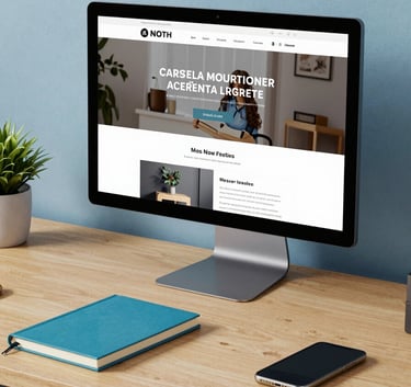 A clean, organized North American / US home office desk featuring a high-end monitor showing a sleek website design, sea blue notebook, and a sky blue wall background.