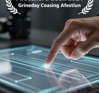 A close-up photograph of a hand interacting with a sleek, holographic glass interface featuring pale blue-grey glowing lines in a dim, professional setting.