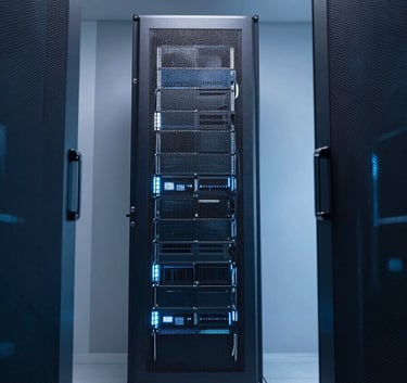 A minimalist, low-angle shot of a high-tech server room bathed in soft ice white and slate blue LED lighting, representing a secure digital fortress.
